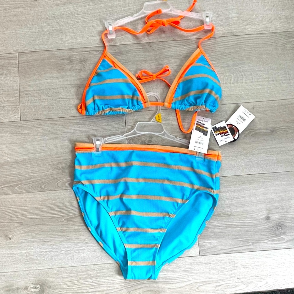 Juniors Swim Ribbed Stripe Triangle Bikini Top and bottom